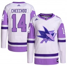 Youth Adidas San Jose Sharks Jonathan Cheechoo White/Purple Hockey Fights Cancer Primegreen Jersey - Authentic