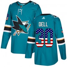 Men's Adidas San Jose Sharks Aaron Dell Green Teal USA Flag Fashion Jersey - Authentic