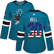 Women's Adidas San Jose Sharks Aaron Dell Green Teal USA Flag Fashion Jersey - Authentic