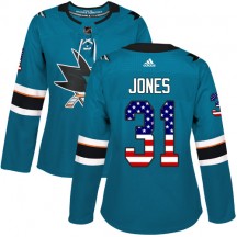 Women's Adidas San Jose Sharks Martin Jones Green Teal USA Flag Fashion Jersey - Authentic
