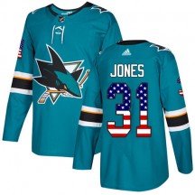 Youth Adidas San Jose Sharks Martin Jones Green Teal USA Flag Fashion Jersey - Authentic