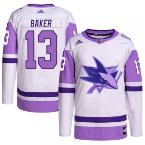 Men's Adidas San Jose Sharks Jamie Baker White/Purple Hockey Fights Cancer Primegreen Jersey - Authentic