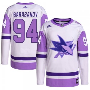 Men's Adidas San Jose Sharks Alexander Barabanov White/Purple Hockey Fights Cancer Primegreen Jersey - Authentic