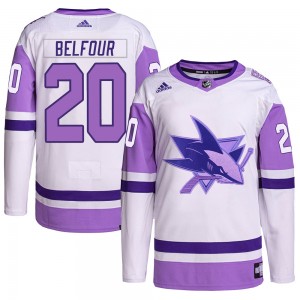 Men's Adidas San Jose Sharks Ed Belfour White/Purple Hockey Fights Cancer Primegreen Jersey - Authentic