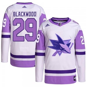 Men's Adidas San Jose Sharks Mackenzie Blackwood White/Purple Hockey Fights Cancer Primegreen Jersey - Authentic