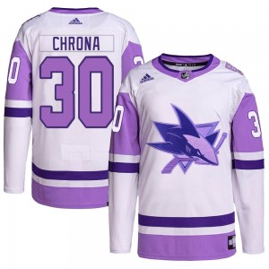 Men's Adidas San Jose Sharks Magnus Chrona White/Purple Hockey Fights Cancer Primegreen Jersey - Authentic