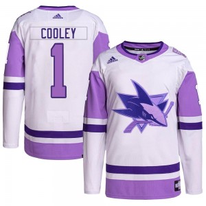 Men's Adidas San Jose Sharks Devin Cooley White/Purple Hockey Fights Cancer Primegreen Jersey - Authentic