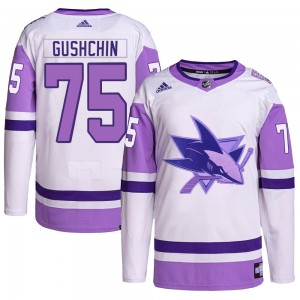 Men's Adidas San Jose Sharks Danil Gushchin White/Purple Hockey Fights Cancer Primegreen Jersey - Authentic