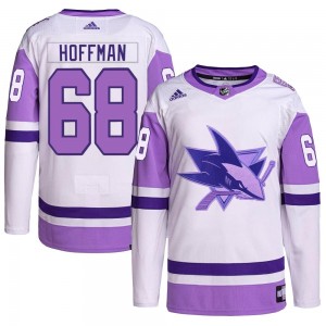 Men's Adidas San Jose Sharks Mike Hoffman White/Purple Hockey Fights Cancer Primegreen Jersey - Authentic