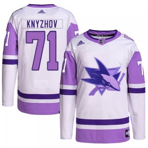Men's Adidas San Jose Sharks Nikolai Knyzhov White/Purple Hockey Fights Cancer Primegreen Jersey - Authentic