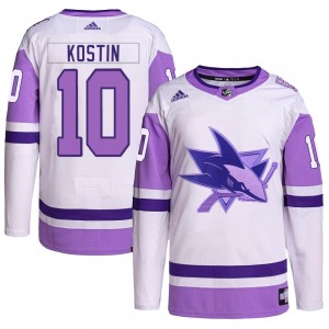 Men's Adidas San Jose Sharks Klim Kostin White/Purple Hockey Fights Cancer Primegreen Jersey - Authentic