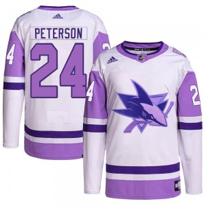 Men's Adidas San Jose Sharks Jacob Peterson White/Purple Hockey Fights Cancer Primegreen Jersey - Authentic