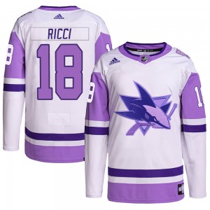 Men's Adidas San Jose Sharks Mike Ricci White/Purple Hockey Fights Cancer Primegreen Jersey - Authentic