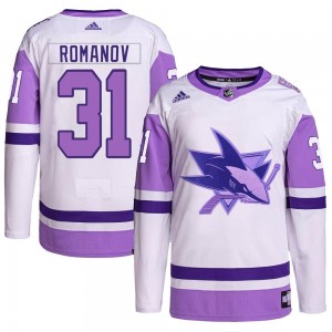 Men's Adidas San Jose Sharks Georgi Romanov White/Purple Hockey Fights Cancer Primegreen Jersey - Authentic