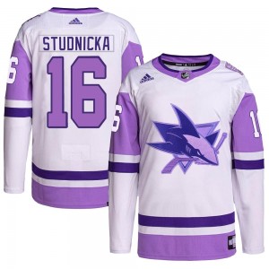 Men's Adidas San Jose Sharks Jack Studnicka White/Purple Hockey Fights Cancer Primegreen Jersey - Authentic