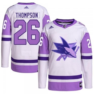 Men's Adidas San Jose Sharks Jack Thompson White/Purple Hockey Fights Cancer Primegreen Jersey - Authentic