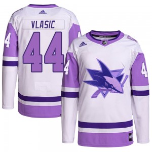 Men's Adidas San Jose Sharks Marc-Edouard Vlasic White/Purple Hockey Fights Cancer Primegreen Jersey - Authentic