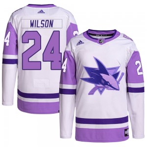 Men's Adidas San Jose Sharks Doug Wilson White/Purple Hockey Fights Cancer Primegreen Jersey - Authentic
