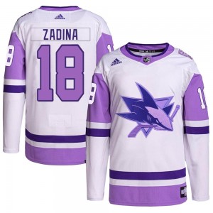 Men's Adidas San Jose Sharks Filip Zadina White/Purple Hockey Fights Cancer Primegreen Jersey - Authentic