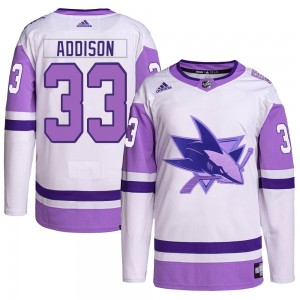 Youth Adidas San Jose Sharks Calen Addison White/Purple Hockey Fights Cancer Primegreen Jersey - Authentic