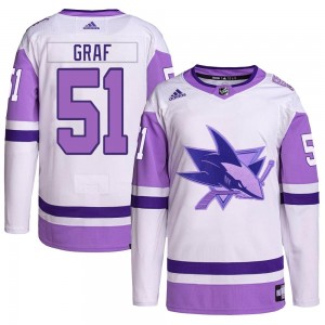 Youth Adidas San Jose Sharks Collin Graf White/Purple Hockey Fights Cancer Primegreen Jersey - Authentic