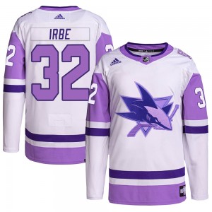 Youth Adidas San Jose Sharks Arturs Irbe White/Purple Hockey Fights Cancer Primegreen Jersey - Authentic