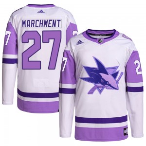 Youth Adidas San Jose Sharks Bryan Marchment White/Purple Hockey Fights Cancer Primegreen Jersey - Authentic