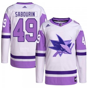 Youth Adidas San Jose Sharks Scott Sabourin White/Purple Hockey Fights Cancer Primegreen Jersey - Authentic