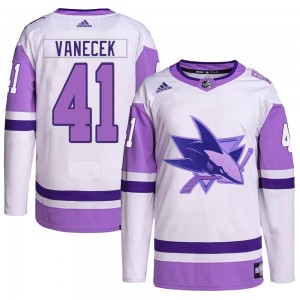 Youth Adidas San Jose Sharks Vitek Vanecek White/Purple Hockey Fights Cancer Primegreen Jersey - Authentic
