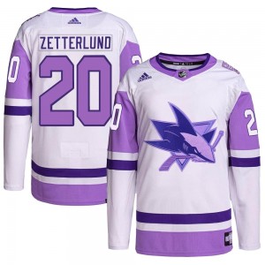 Youth Adidas San Jose Sharks Fabian Zetterlund White/Purple Hockey Fights Cancer Primegreen Jersey - Authentic