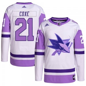 Youth Adidas San Jose Sharks Craig Coxe White/Purple Hockey Fights Cancer Primegreen Jersey - Authentic