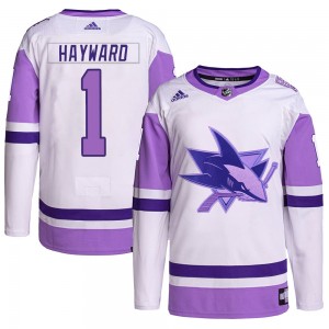 Youth Adidas San Jose Sharks Brian Hayward White/Purple Hockey Fights Cancer Primegreen Jersey - Authentic